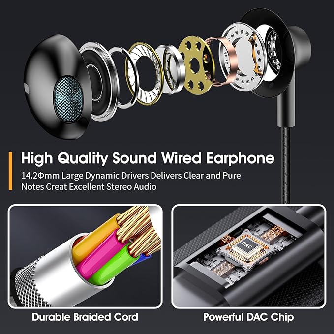 Black Wired Earbuds with Mic in-Ear Earphones Build-in Microphone HiFi Stereo Headphones Compatible for iPhone iPad Android Mp3 and Most of 3.5mm Aux Devices