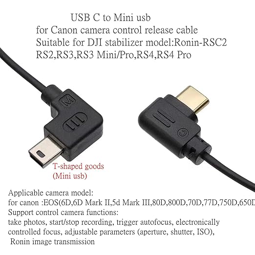 C-(mini usb )for Dji Stabilizer cable Ronin-SC2/RS2/RS3/RS4 for canon 5dII 5D3 80D 800D 6d 6dii 70d release cable Multi-function camera control cable shutter release connection cable (Mini-USB)