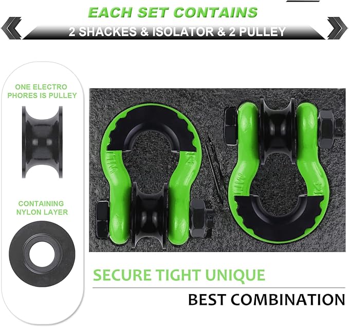 Upgraded Snatch Block, 3/4" D Ring Shackle (2 Pack) 22,000lb Break Strength with Towing Pulley, Heavy Duty Offroad Recovery Accessory for Truck, Tractor, ATV & UTV (Green)