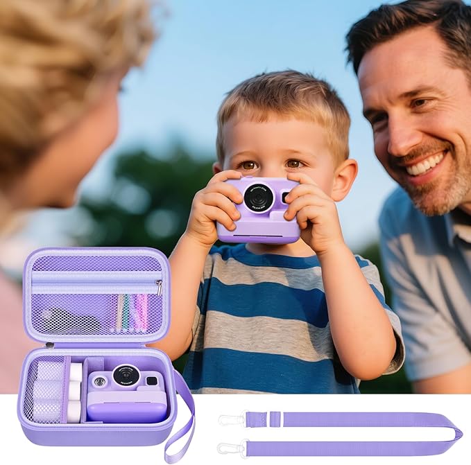 Kids Instant Print Camera Case for Dylanto/for Gofunly/for DUDUDRAGON/for ESOXOFFORE, Digital Video Camera Storage Box with 3 Roll Papers, Holder for Color Pen and Accessories (Bag Only)- Purple