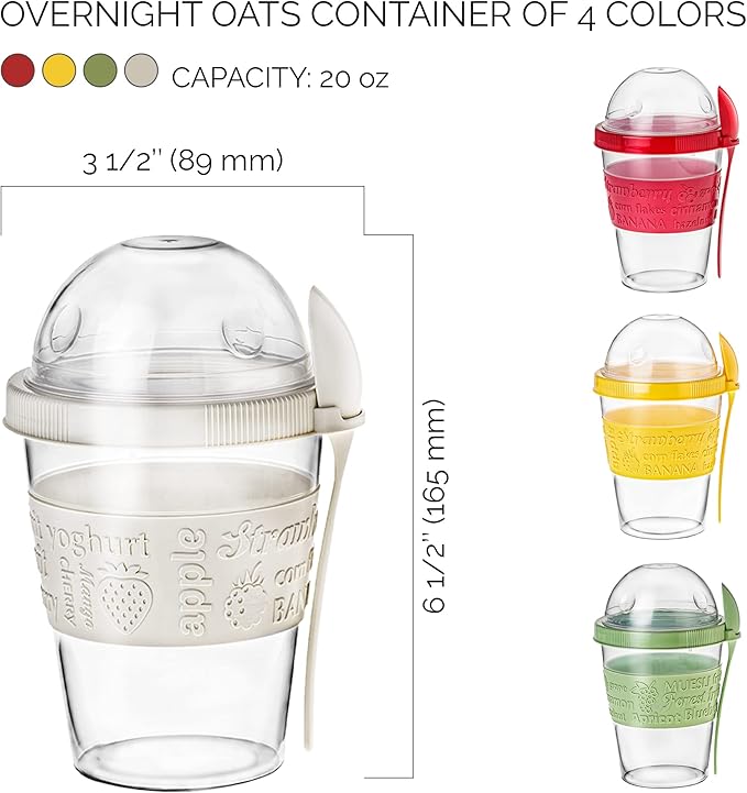 Crystalia 4 Pack 20 oz On The Go Yogurt Parfait Cups with Lids & Spoons, Overnight Oats Containers/Jars, Oatmeal Container to Go with Topping for Cereal, Milk, Yogurt, and Fruit Salad Storage (Large)
