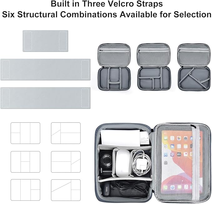 Double Layer Leather Cable Organizer Bag Large Capacity Waterproof Tech Organizer Case for Travel Electronics Accessories Storage Case with Adjustable Divider(Gray&Blue, Double Layer-Large)