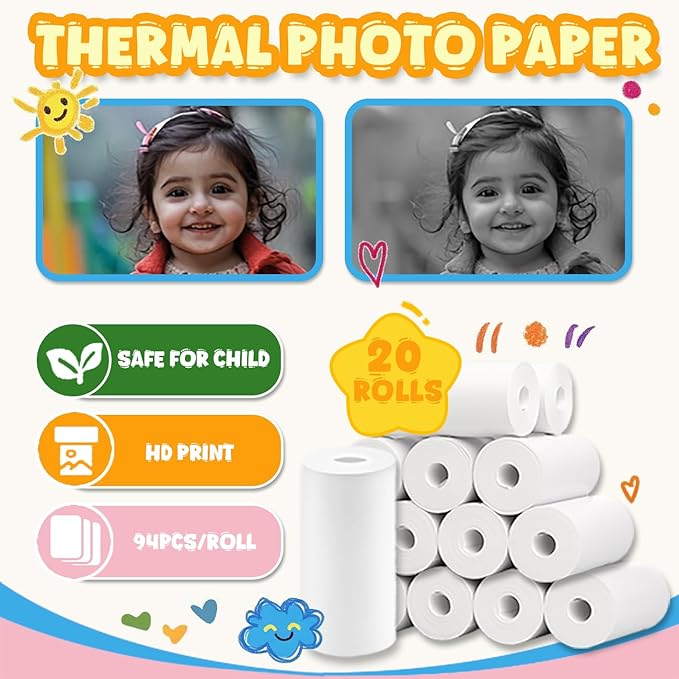 1880Pcs Mini Camera Mini Printer Thermal Paper Kids Camera Instant Print, 20Rolls Sets(94 Sheets/Roll) Photo Paper, Graffiti Doodle DIY Toys Stationery Drawing Gift for Children