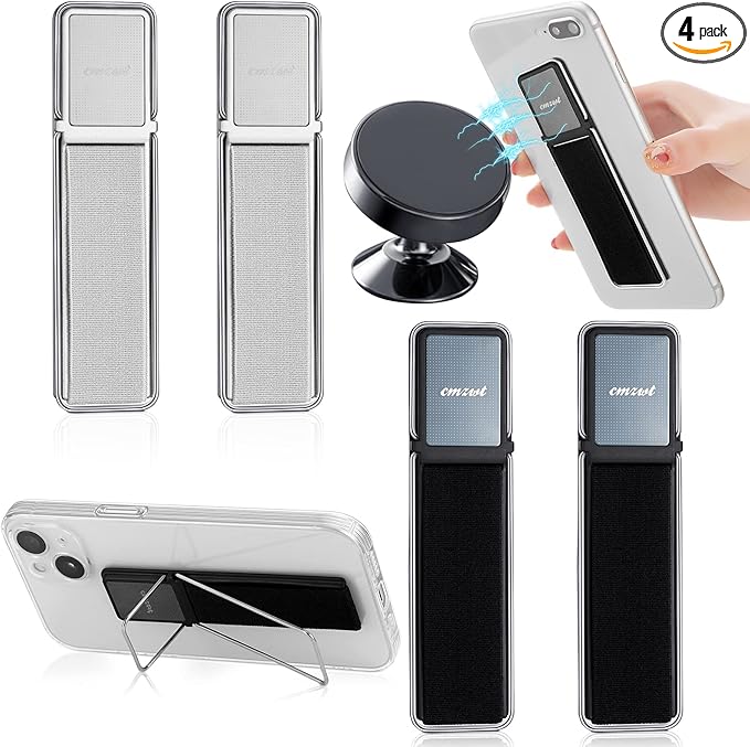 4 Pieces Phone Grip Strap Telescopic Phone Kickstand Elastic Finger Holer Hand Strap Adhesive Loop for Phone Grip with Stand Compatible with Most Smartphones (Black, Silver)