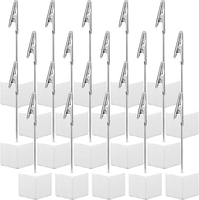 Gersoniel 20 Pcs Cube Base Memo Clip Holder with Alligator Clip Wood Table Number Holder Cube Base Place Card Stand Mini Photo Menu Stand for Displaying Number Card (White)