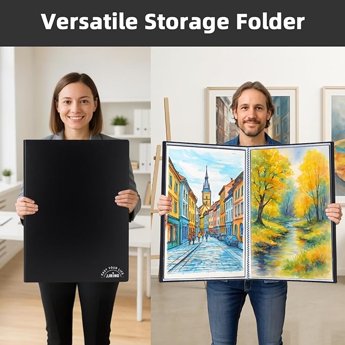 JJRING 18x24 Art Portfolio Folder with Plastic Sleeves, 24-Pocket Portfolio Binder Displaying 48 Pages, Presentation Book with Black Inner Paper for Artwork Storage, Black