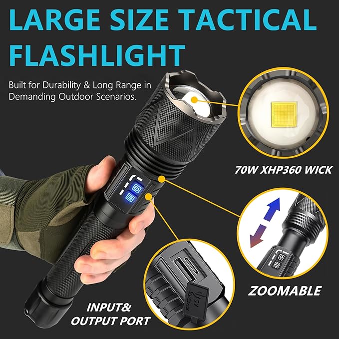 10,000 High Lumens Rechargeable LED Flashlights, 70W High Power XHP360 Wick Super Bright Zoomable Tactical Flashlight with USB Output, Dual Powerd Large Size Flash Light for Emergency Camping Hunting