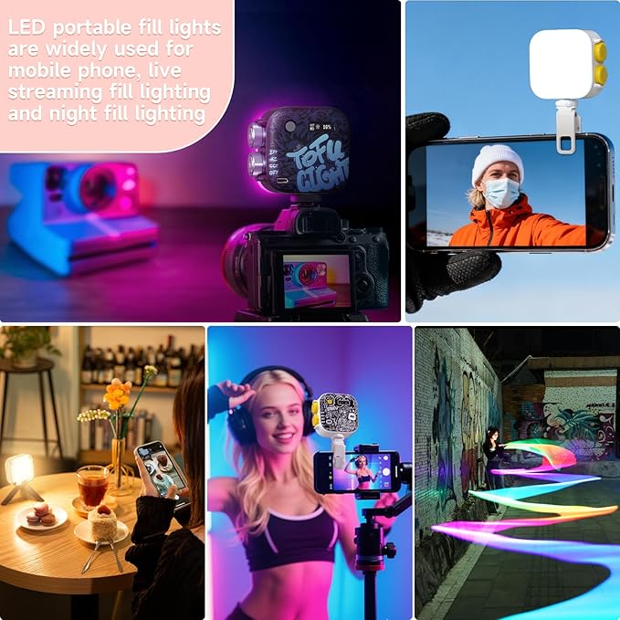 PHOTOOLEX RGB Video Light, Magnetic Small LED Panel Selfie Light w Cold Shoe Mount & Clip & Mini Tripod, 360° Full Color/CRI 96+/21 Scenes/2500-9900K/2000mAh, Portable Recording Photography Lighting