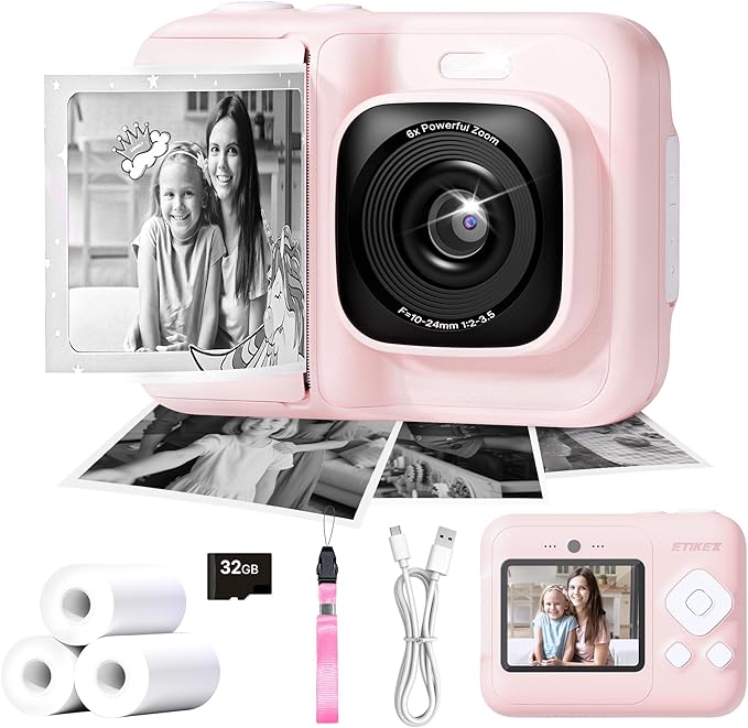 ETIKEZ Kids Camera, 1080P Instant Digital Print Camera for Kids, Christmas Birthday Gifts for 4 5 6 7 8 9 10 Year Old Girls Boys, Portable Toy with 32GB SD Card & 3 Rolls Printing Paper, Rose