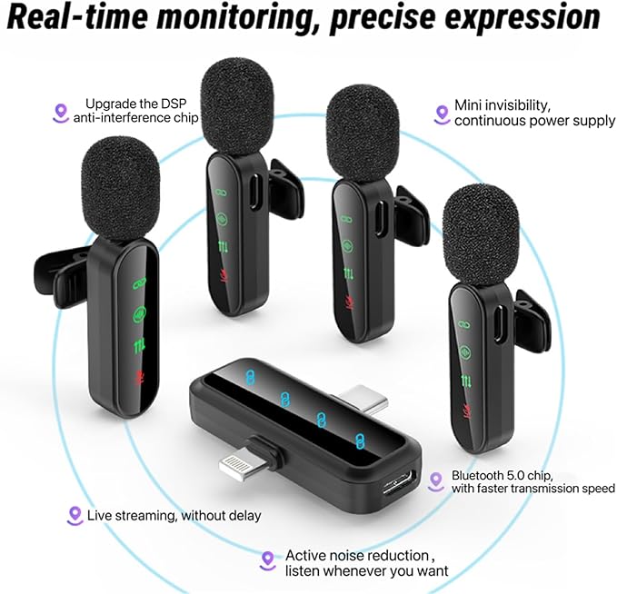 3 in 1/Four in one Wireless Lavalier Microphone for iPhone,iPad,Android,Camera,computer,mini Noise Reduction Recording Mic Ultra-Low Delay,for Vlog/ TikTok/YouTube Live Stream (Upgrade 4mic)