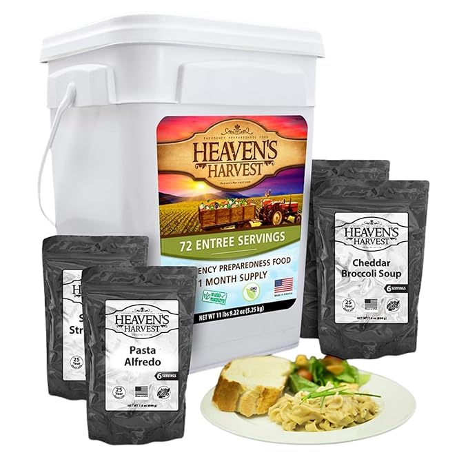 Heaven’s Harvest 25-Year Family Food Kit — Premium Emergency Food Supply. Freeze Dried Survival Food Kit + Water-Proof 25-Year Storage Bucket. MRE Meals, Non-Perishable Camping Food