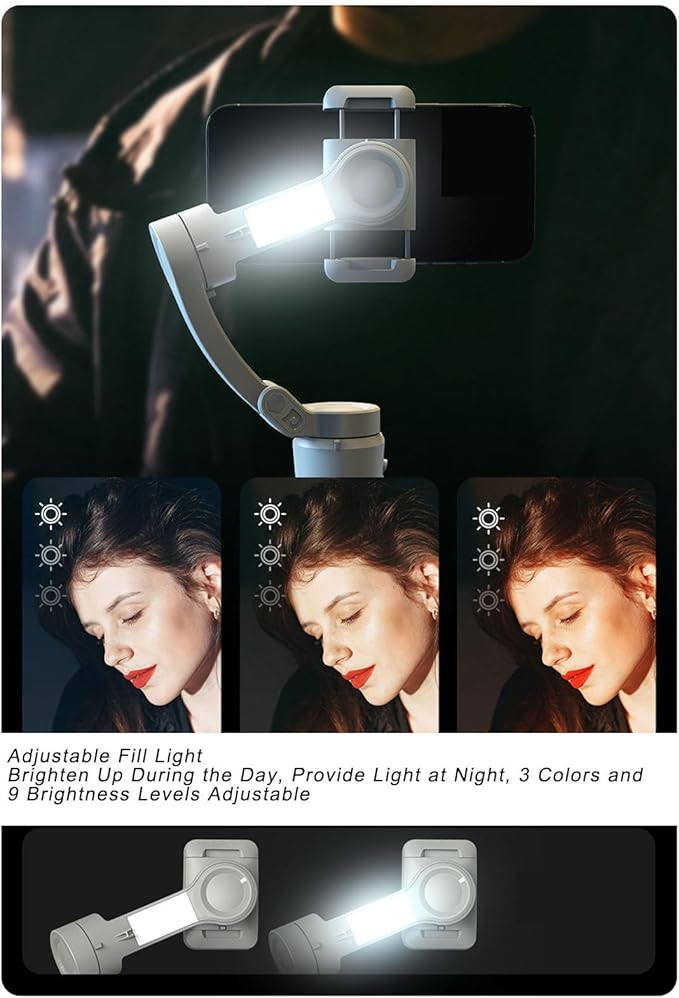 Yunseity Gimbal Stabilizer for Phone, M01 Foldable Phone Gimbal Built in Tripod & Fill Light, Bluetooth Selfie Stick, 3 Axis Handheld Stabilizer for iOS for Android Phones