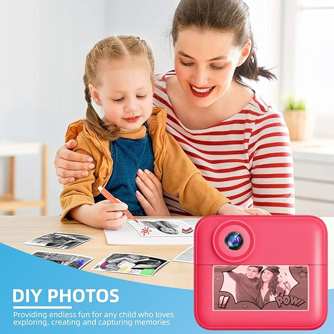 Kids Camera Instant Print, 2.4 Inch Screen Instant Camera,1080P HD Kid Camera Instant Printing with Print Paper and 32GB SD Card,Christmas Birthday Gifts (Pink)