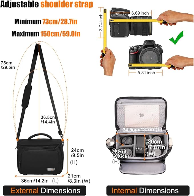 Cwatcun Camera Crossbody Shoulder Messenger Case, DSLR/SLR/Mirrorless Travel Photography Sling Bag with Tripod Holder and Rain Cover for Canon, Nikon, Sony, Fuji Cameras, Lens and Accessories