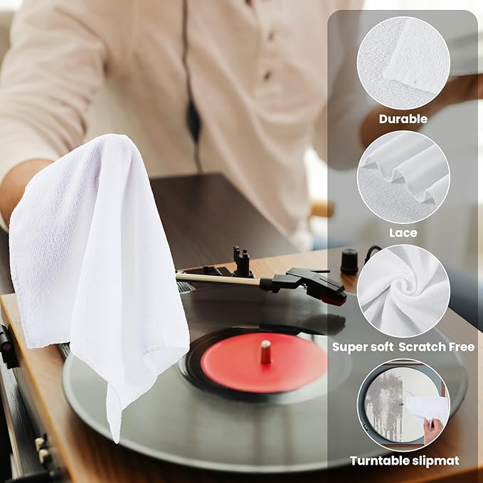 Honeydak 8 Pack Microfiber Record Cleaning Cloth, 12" x 12" Reuseable Anti Static Towels for Glasses, TV Screen, Laptop, Musical Instrument, Ultra Absorbent, Lint Free, Streak Free(White)