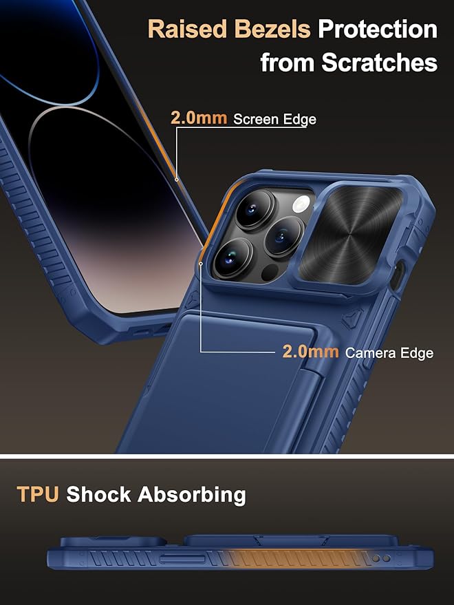 Vihibii for iPhone 14 Pro Max Wallet Case with Card Holder (4 Cards), [RFID Blocking] & Slide Lens Camera Cover & Raised Edges Protect Screen, Shockproof Rugged Wallet Phone Case, 6.7" 2022, Blue