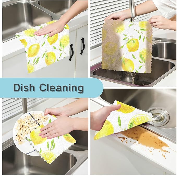 CaTaKu Lemons Leaves Kitchen Dish Cloths, 6 Pack Reusable Dish Rags for Washing Dishes, Microfiber Cleaning Cloths Dish Towels Washcloths for Kitchen Drying
