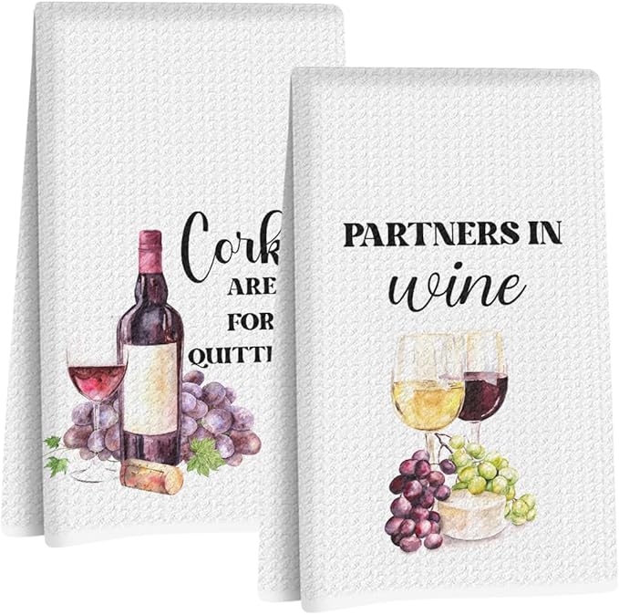 Jztco 2 Pcs Funny Wine Kitchen Towels 24x14 Inch, Wine Glass Grape Waffle Hand Towels for Kitchen Home Bathroom Decor, Absorbent Microfiber Dish Cloth Tea Towel, Housewarming Gifts for Women Friends