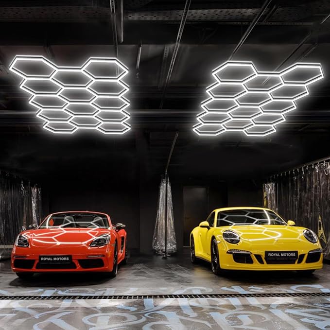BRILLIHOOD Hexagon Garage Lights, 10-100% Dimmable LED Honeycomb Lights, 54720LM, 6500K Super Bright, 14 Grid Systems Car Detailing Lighting for Warehouse Workshop Basement Gym