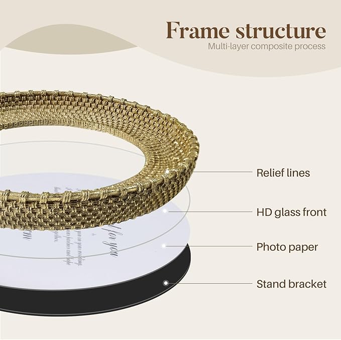 Cuspin 4x4 Picture Frame Vintage Gold Frames, Round Rattan Textured Hand-Crafted Circle Frame with Glass Front, Retro Photo Frame for Tabletop Display & Wall Hanging, Home Decor