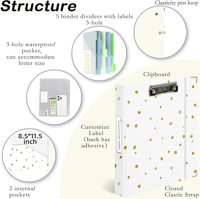 Etzul 3 Ring Binder 1 inch with Clipboard - White with Gold Dots & Stars Design, Includes Dividers, File Bag & Spine Label - Glamorous and Functional for Any Setting, Holographic Waterproof Film