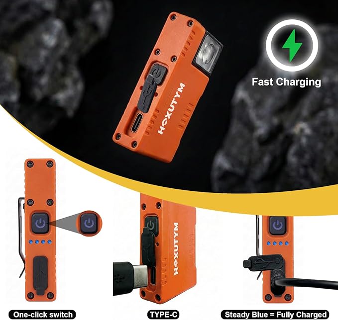 Clip-on LED Rechargeable Flashlights – 500lm EDC Mini Pocket Light, Hands-Free Magnetic Work Light with 180° Rotatable Clip & RGB Emergency Mode for Camping, Hiking, Repairs, Walkies, Orange