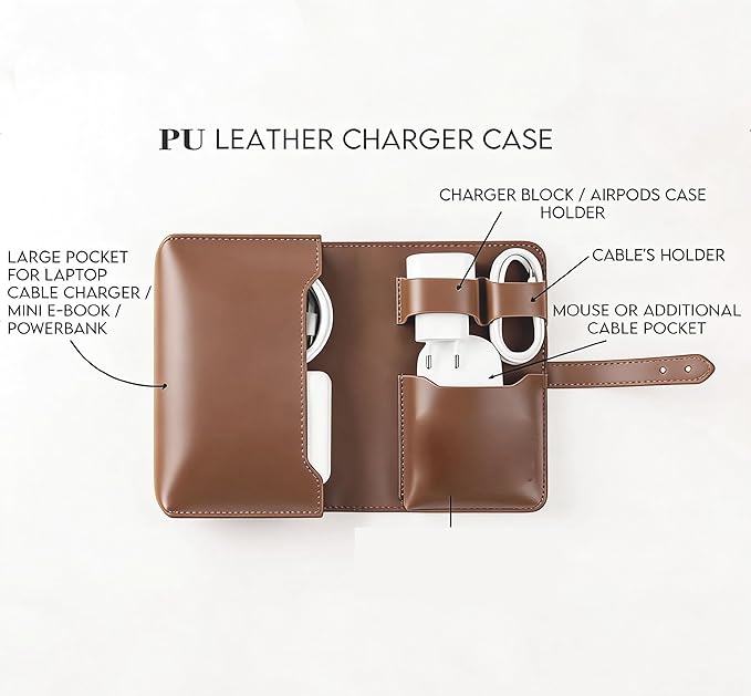 Vintage leather Electronic organizer travel case,cord keeper travel pounch, charger shortage for essentials mouse, adapter, cables,Cable Straps,Earbud case,wrap (Brown leather with band & Organizer)
