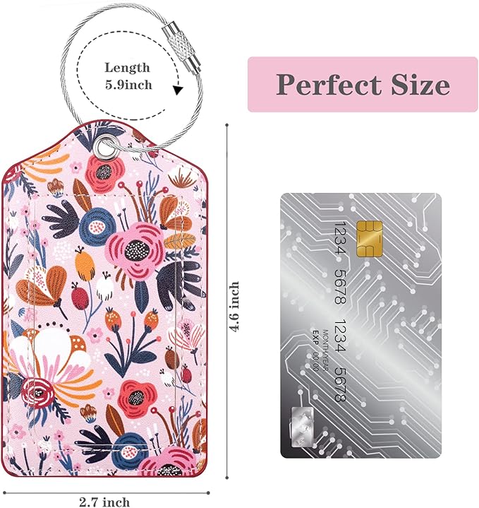 (Set of 2) Luggage Tag Leather Privacy Cover ID Label Address Card with Stainless Steel Loop, Travel Bag Tags Suitcase Labels, Pink Flowers