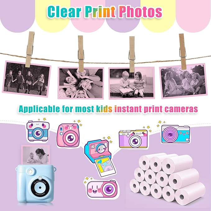Hikkon 12 Rolls Instant Print Camera for Kids Refill Print Paper - Thermal Print Paper Rolls Photo Print HD Printing for Most Kids Instant Camera(Pink)