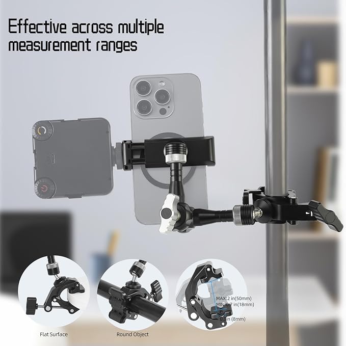 FIFIELD CNC Machined 7" Articulating Magic Arm Clamp Mount with Super Clamp, 360° Dual Ball Head & 1/4" ARRI Locating Pin&Holes, Camera Monitor Mount for Camera, Phone, LED Light, Phone,7" w/Clamp