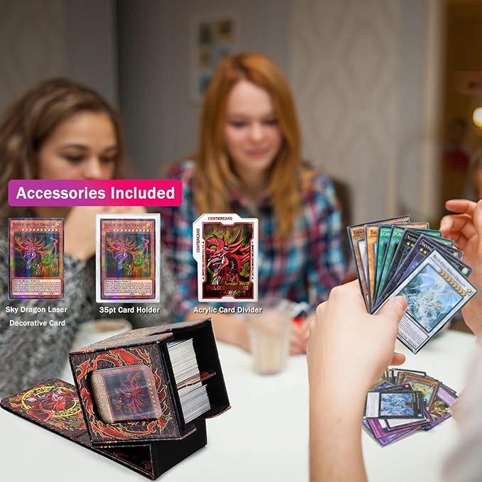Card Deck Box for YGO MTG Deck Box 110+ Double Sleeved Cards Storage Trading Games Leather Storage with divider,Lasercard,Holder (Sky Dragon)