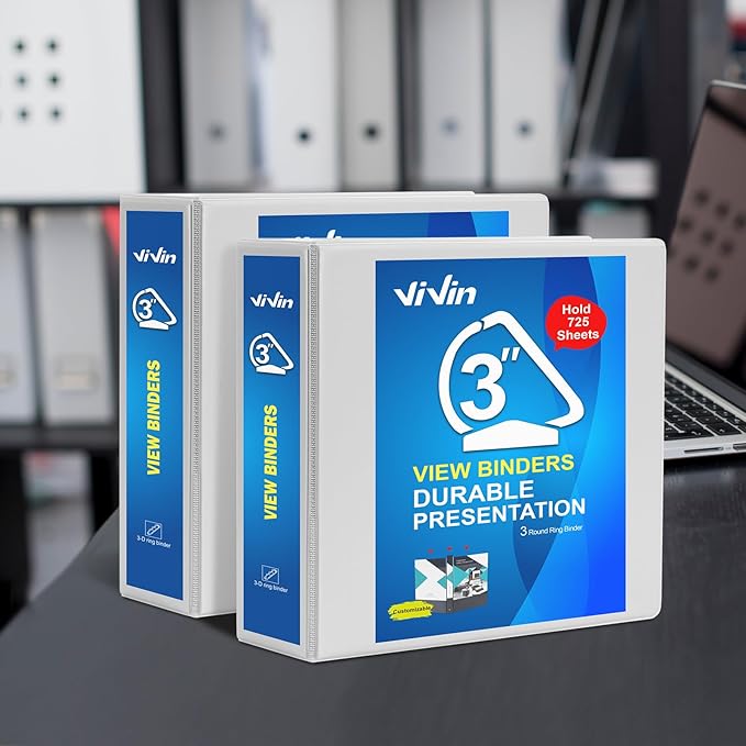 ViVin Durable 3 inch D Ring View Binder, Large 3" Slant-D Ring with 725-Sheet Capacity, Fit 8.5" x 11" Paper, 6 Pack(White)