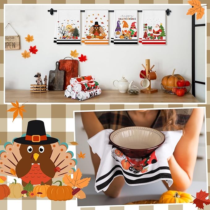 Preboun 6 Pcs Holiday Kitchen Towels Halloween Thanksgiving Christmas Hand Towels Hallothanksmas Bathroom Cloth Decorative Colorful Cute Gifts Dish Cloth Farmhouse Kitchen Accessories Decor