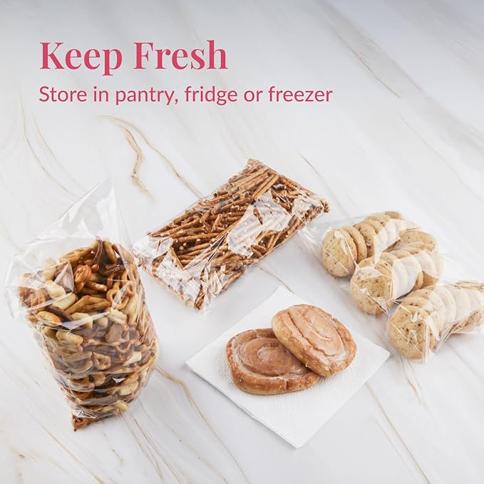 Prestee 200 Pack Self-Sealing Cellophane Bags 6x10 - Clear Bags for Small Gifts, Cookies, Candy, and Bakery - Airtight Goodie Bag for Gift Giving and Packaging - Food-Safe Plastic Treat Bag