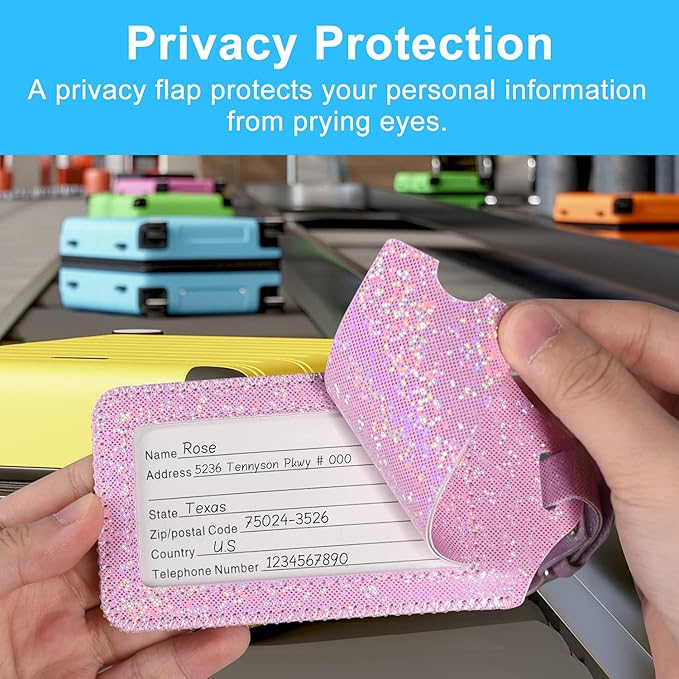 ACdream Luggage Tags 2 Pack, Leather Suitcase Tags Identifiers, Cute Cruise ID Labels with Privacy Cover fits on Backpack, Travel Bag, for Women, Men, Adults, Kids, Light Pink Glitter