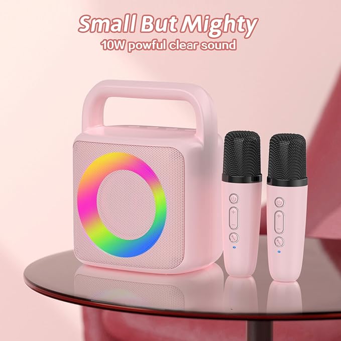 Karoke Machine with 2 Wireless Mics,Portable Karaoke Microphone Toys with Colorful Lights and Magic Voices for Camping Party, Birthday Gift for Boys Girls Teenages Adults