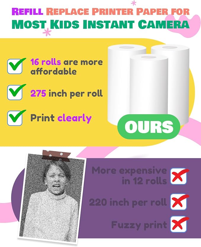 JOYJAM 16 Rolls Instant Print Camera for Kids Refill Print Paper, BPA Free, Photo Printer Thermal Paper Rolls for Most Kids Instant Camera