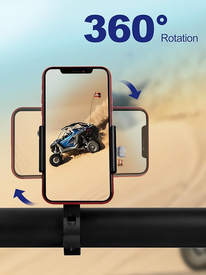 UTV Phone Mount, Aluminum Heavy Duty UTV Phone Holder Fit for 1.75"-2" Roll Cage, Compatible with Polaris RZR/Can Am X3/Kawasaki Teryx/Talon Pioneer 1000, No Block Camera & Buttons