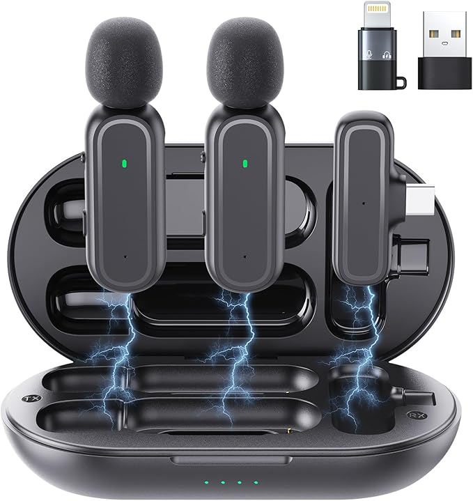 2 Pcs Wireless Lavalier Microphone for iPhone iPad Android PC, Mini Mic with Charging Case, 8H Battery, 65ft Range, USB-C, Clip-On Noise Reduction Mics for Vlogging, TikTok, YouTube, Video Recording