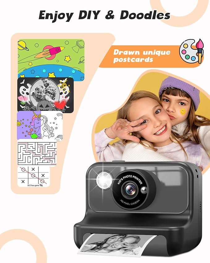 Instant Print Camera for Kids, 1080P Digital Video Cameras, Christmas Birthday Gifts Toys for Age 3-12, Toddler Camera for 4 5 6 7 8 9 10 Year Old Boys - Black