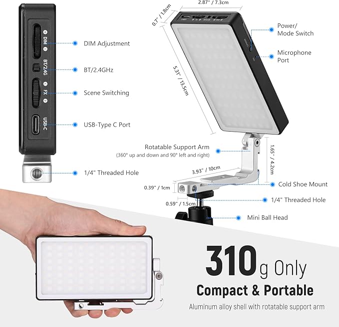 NEEWER RGB Video Light, 2500-10000K CRI97+ On Camera Selfie Light with App & 2.4G Control, 18 Light Scenes, 4300mAh Battery for Photography, SL90