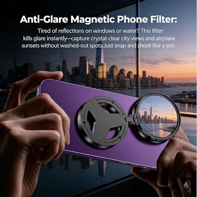 Anti-Glare Magnetic Phone Filter, 52mm CPL Polarizer, Foldable Portable Lens Attachment - Reduces Reflections & Enhances Colors for Phone
