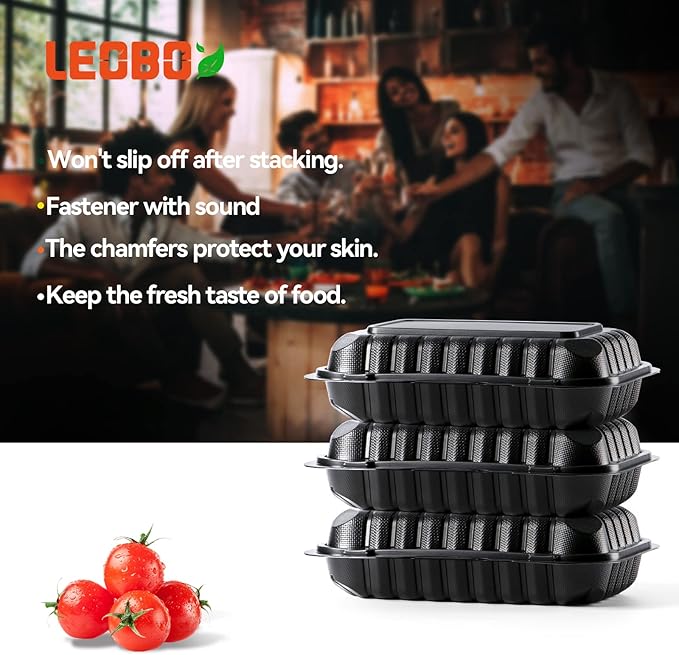 LEOBOX To Go Containers, BPA-Free Plastic Take Out Boxes with Lids 50-Pack 27oz Black MFPP Reusable Meal Prep Container for Food Storage, Hinged Clamshell Design for To-Go Lunch Salad Breakfast