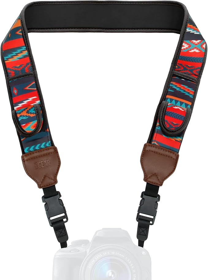 USA Gear TrueSHOT Camera Strap Neoprene Camera Straps - Padded Neck Strap, Pockets, and Quick Release Buckles - Compatible with Canon, Nikon, Sony and More DSLR and Mirrorless Cameras (Southwest)