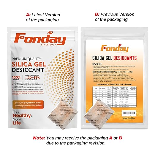 50g x 10 packs Fonday Rechargeable Silica Gel Desiccant Packets Fast Reactivate Desiccant Bags Moisture Indicating Orange to Green