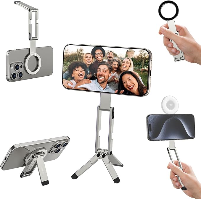 ULANZI MA60 Magnetic Phone Tripod Stand for iPhone - Aluminium Smartphone Mini Tripod Pocket Cell Phone Stand Strong Magnet Quick Mount Compatible with iPhone 16 15 14 13 13 Series, Silver