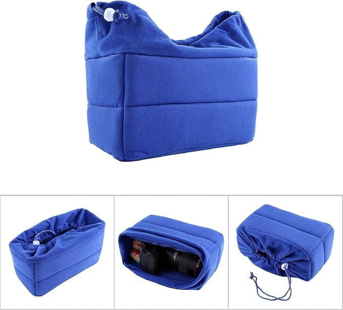 Universal Padded DSLR Camera Insert Bag, Shockproof Camera Sleeve with Adjustable Foam Dividers, Velvet Lined Protective Cover for SLR Cameras and Lenses in Backpacks (Blue)