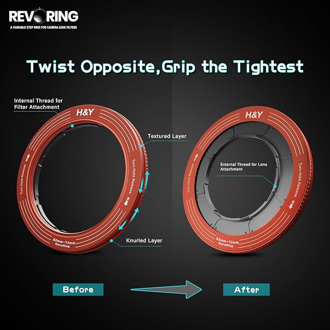 H&Y RevoRing Adjustable Step Up Ring 52-72mm to 77mm, Variable Lens Filter Adapter Ring, Universal Stepping System fits 52 55 58 62 67 72mm, Red