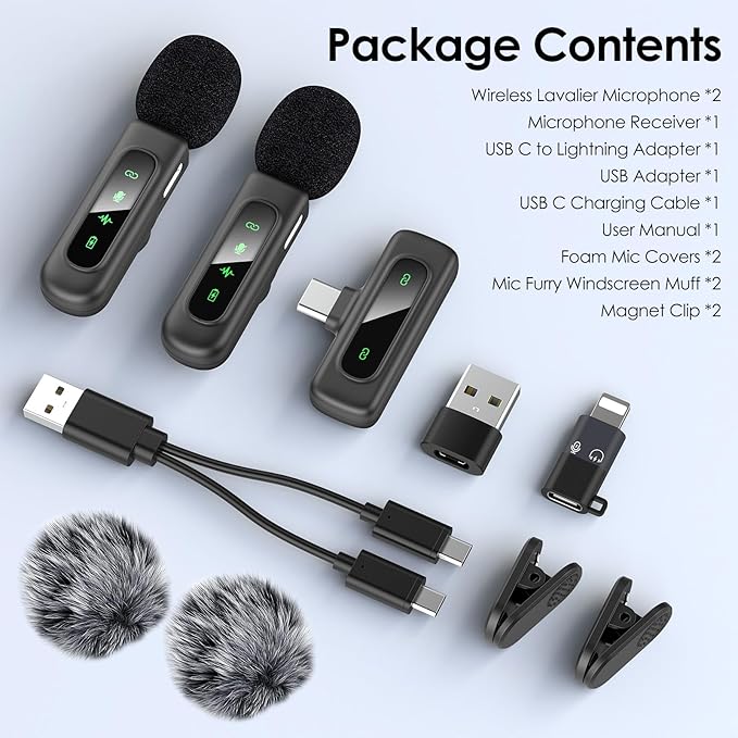 USB C Mini Wireless Lavalier Microphone for iPhone/Android,Lapel Mic with Magnetic Clip-on for Record Video，Lav Mic with LED Display Podcast Vlog Content Creator Interview