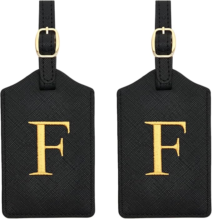 2 Pcs Initial Monogrammed PU Leather Luggage Tags Embroidered for Suitcases, Travel Baggage Bags (F)